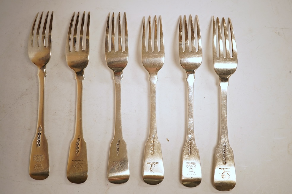 A matched set of six George III fiddle pattern silver table forks, all London, 1810, various makers, including three by Godbehere, Wigan and Bolt, 13.7oz.